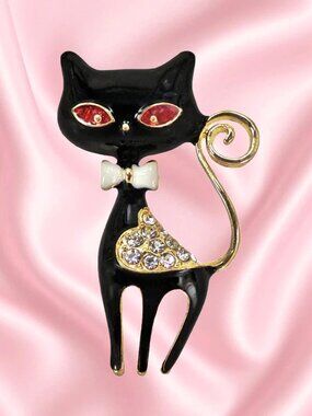 Cute Black Cat Brooch Pin Enamel Crystal Gold Tone Cat Jewelry New